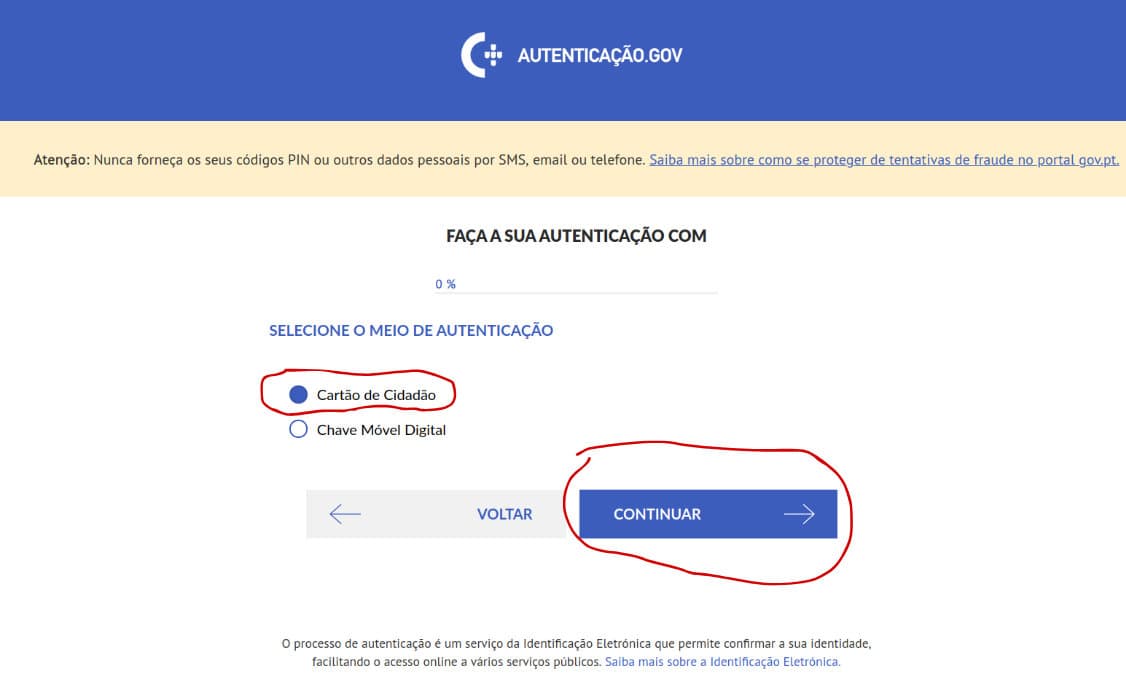 בחירת אמצעי הזדהות עם Cartão de Cidadão מסומן וכפתור CONTINUAR