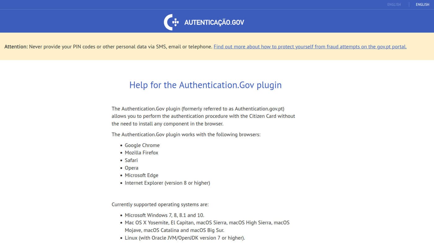 עמוד העזרה של Autenticação.gov להורדת Authentication.Gov plugin לקורא כרטיסים