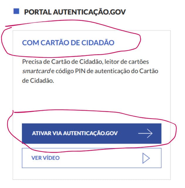 פורטל Autenticação.gov עם COM CARTÃO DE CIDADÃO וכפתור ATIVAR VIA AUTENTICAÇÃO.GOV