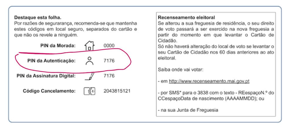 נייר הקודים של כרטיס אזרח עם PIN da Autenticação שליד דמות האדם מסומן