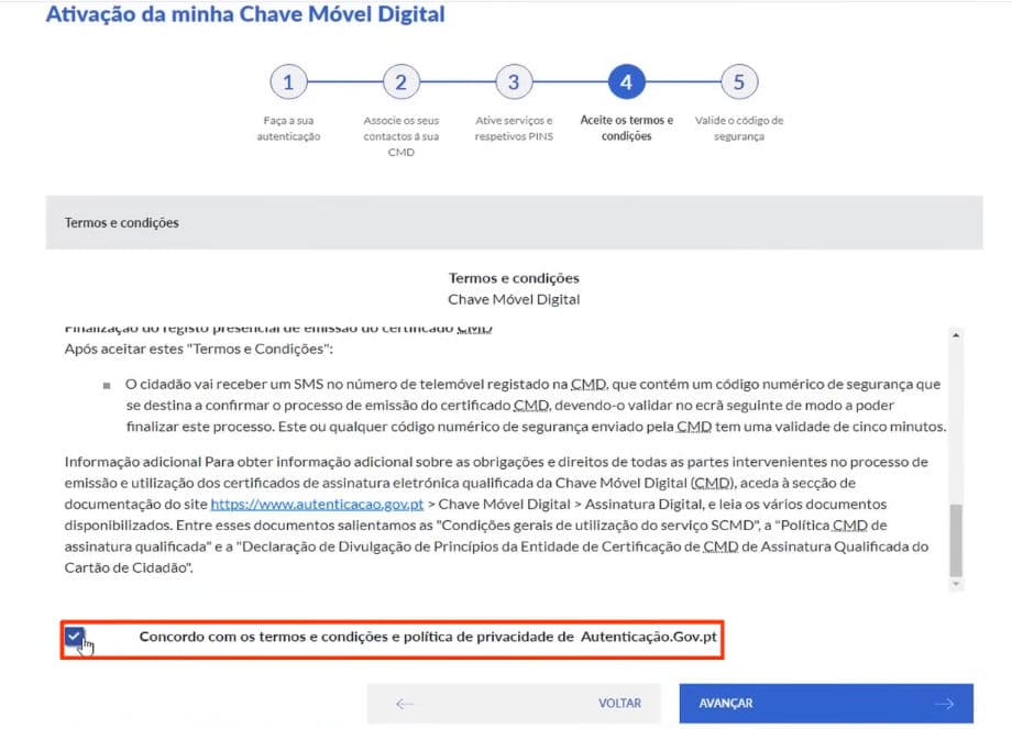 מסך תנאי שימוש של Chave Móvel Digital עם אישור תנאים וכפתור AVANÇAR