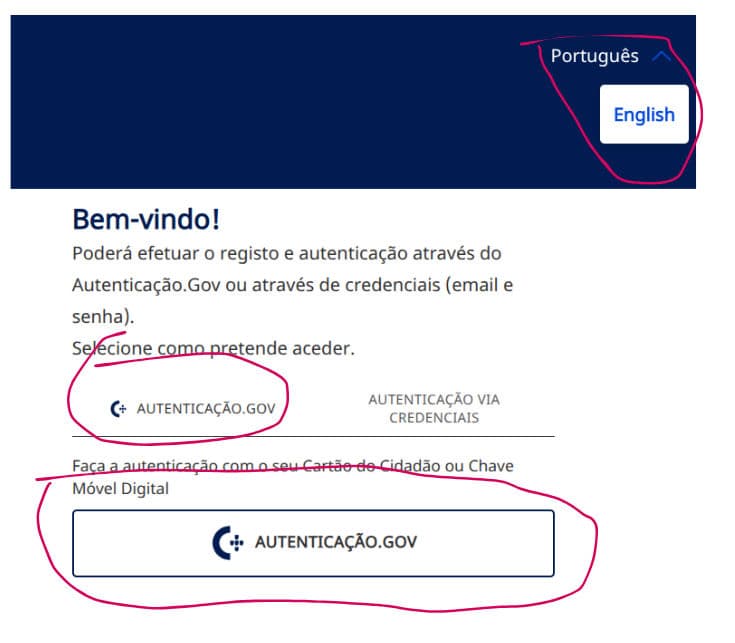 דף הכניסה של פורטל התורים עם English וכפתור AUTENTICAÇÃO.GOV מסומנים