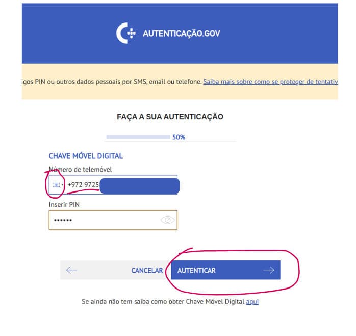 טופס כניסה ב-CMD עם מספר טלפון, PIN וכפתור AUTENTICAR מסומנים