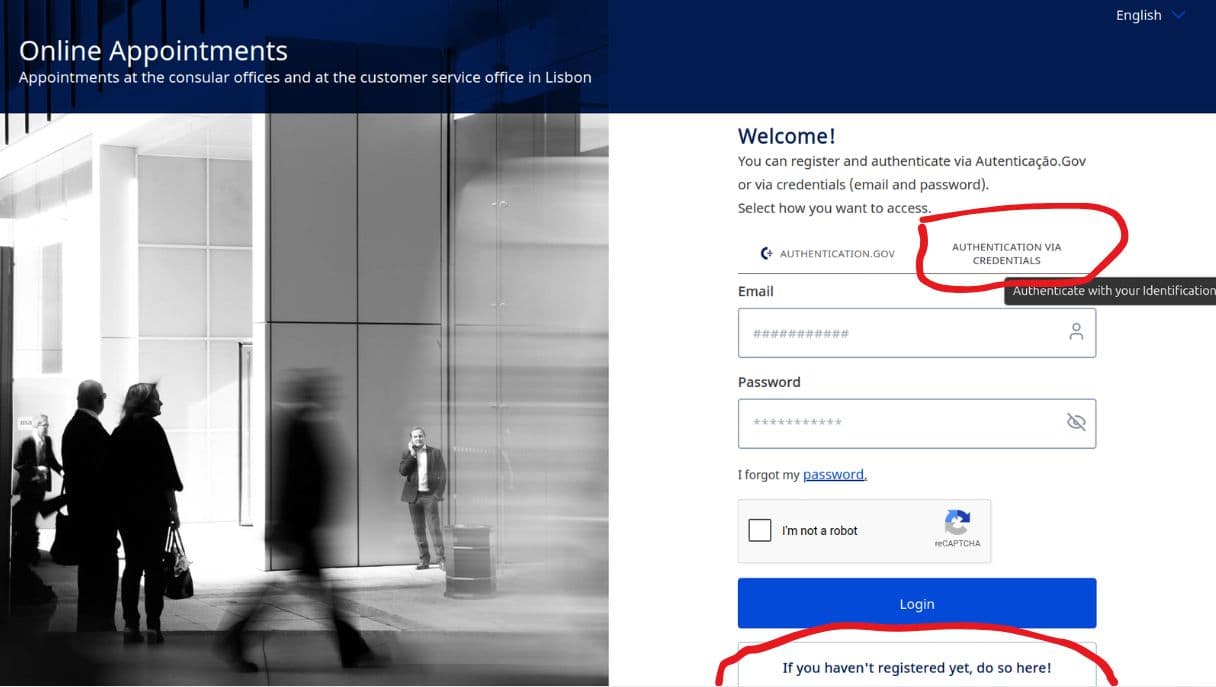 טופס כניסה עם Authentication Via Credentials וקישור להרשמה מסומנים